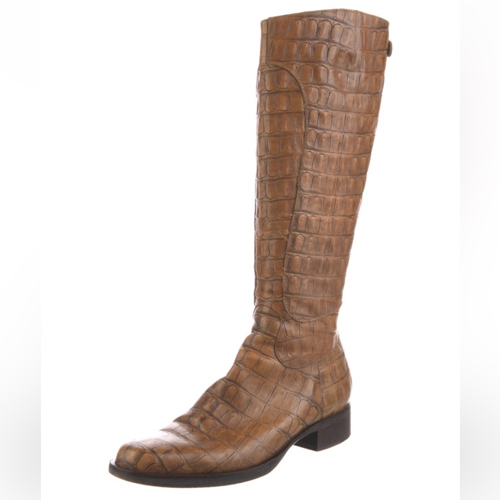 Max Mara IT38.5 women’s boots. Tan leather croc-embossed. Heel 1.25 Shaft 15”